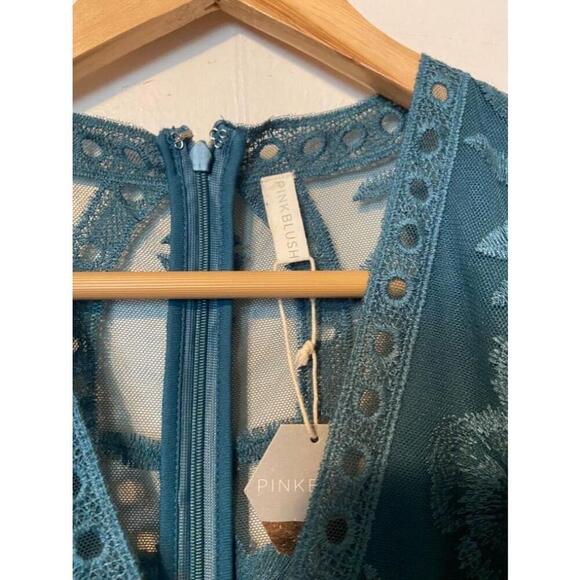 New with Tag Pink Blush Dark Turquoise Lace Mesh Overlay Maxi Dress Sz S (Flaw) - Picture 3 of 6